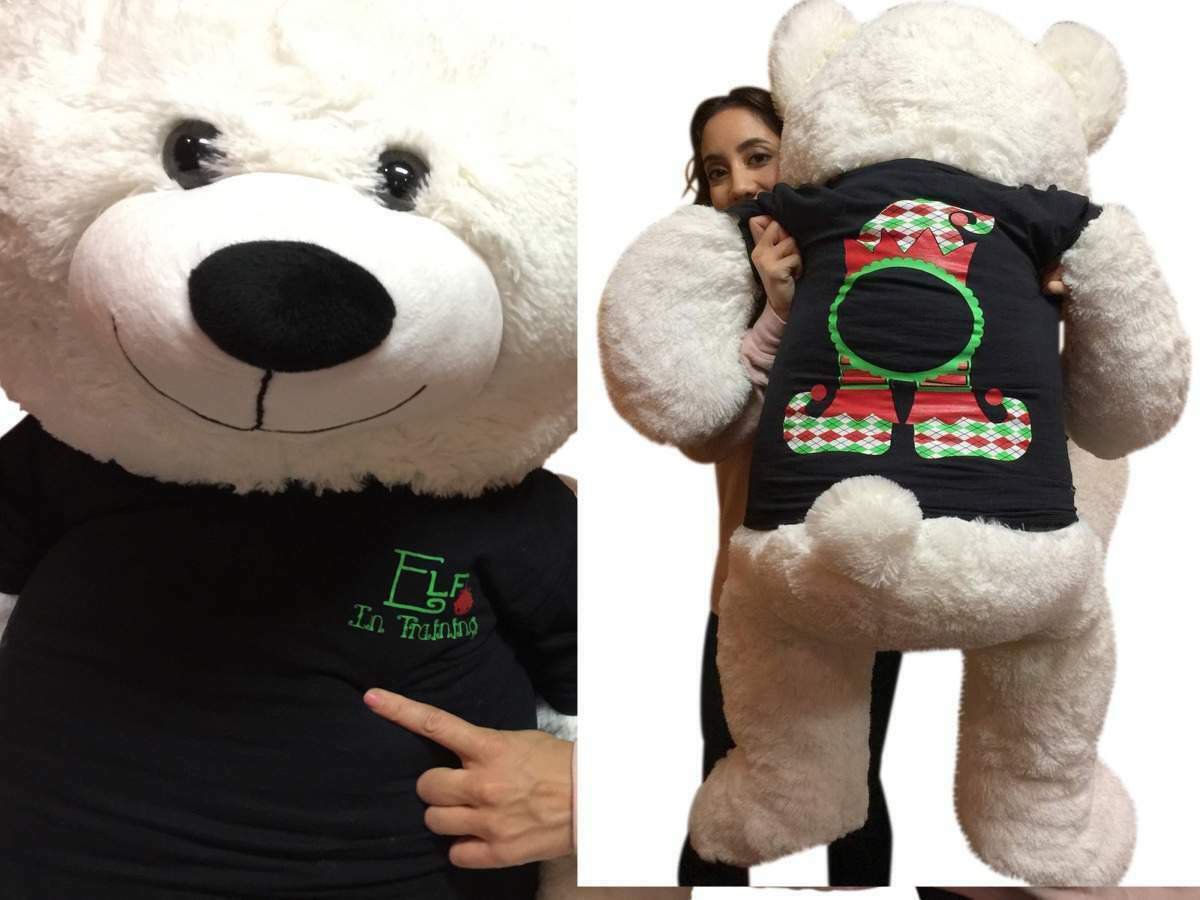 52-inch White Christmas Teddy Bear Wears Blue Tshirt Elf In Training Santa Hat