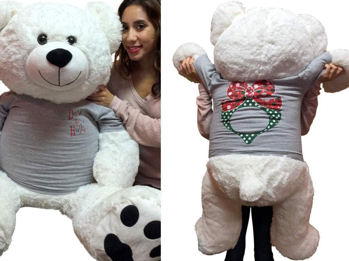 52-inch White Christmas Teddy Bear Wears Tshirt Deck the Halls  Christmas Wreath