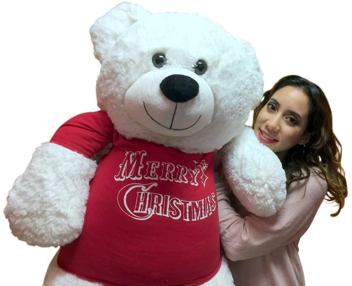 52 Inch White Teddy Bear Wears Removable Red Tshirt That Says Merry Christmas