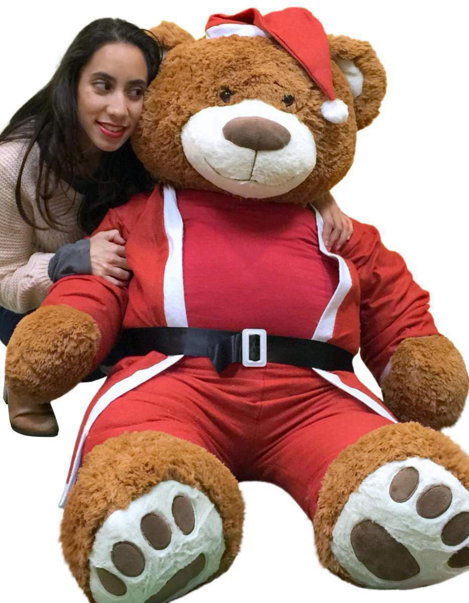 Giant Christmas Teddy Bear 60 Inch Soft Wears Santa Claus Suit 5 Foot Brown Bear