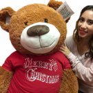 5 Foot Giant Brown Teddy Bear Wears Red Tshirt that says Merry Christmas