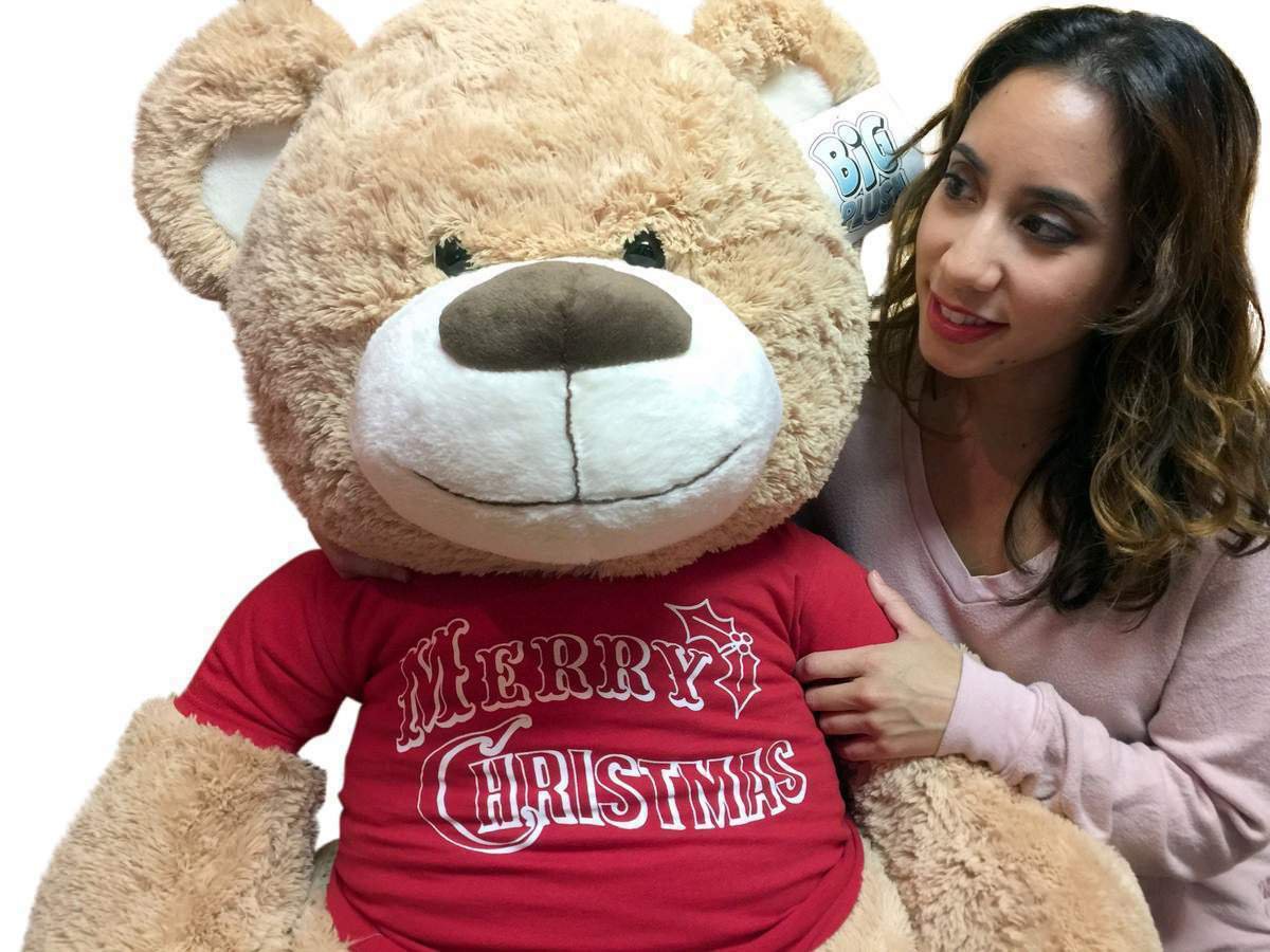 Big Plush 5 Foot Teddy Bear Tan Color Wears  Tshirt that says Merry Christmas