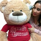 Big Plush 5 Foot Teddy Bear Tan Color Wears  Tshirt that says Merry Christmas
