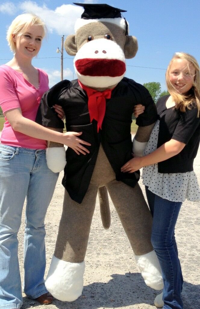 72 Inch Big Plush Giant Graduation Sock Monkey 6 Feet Tall wears Graduation Suit