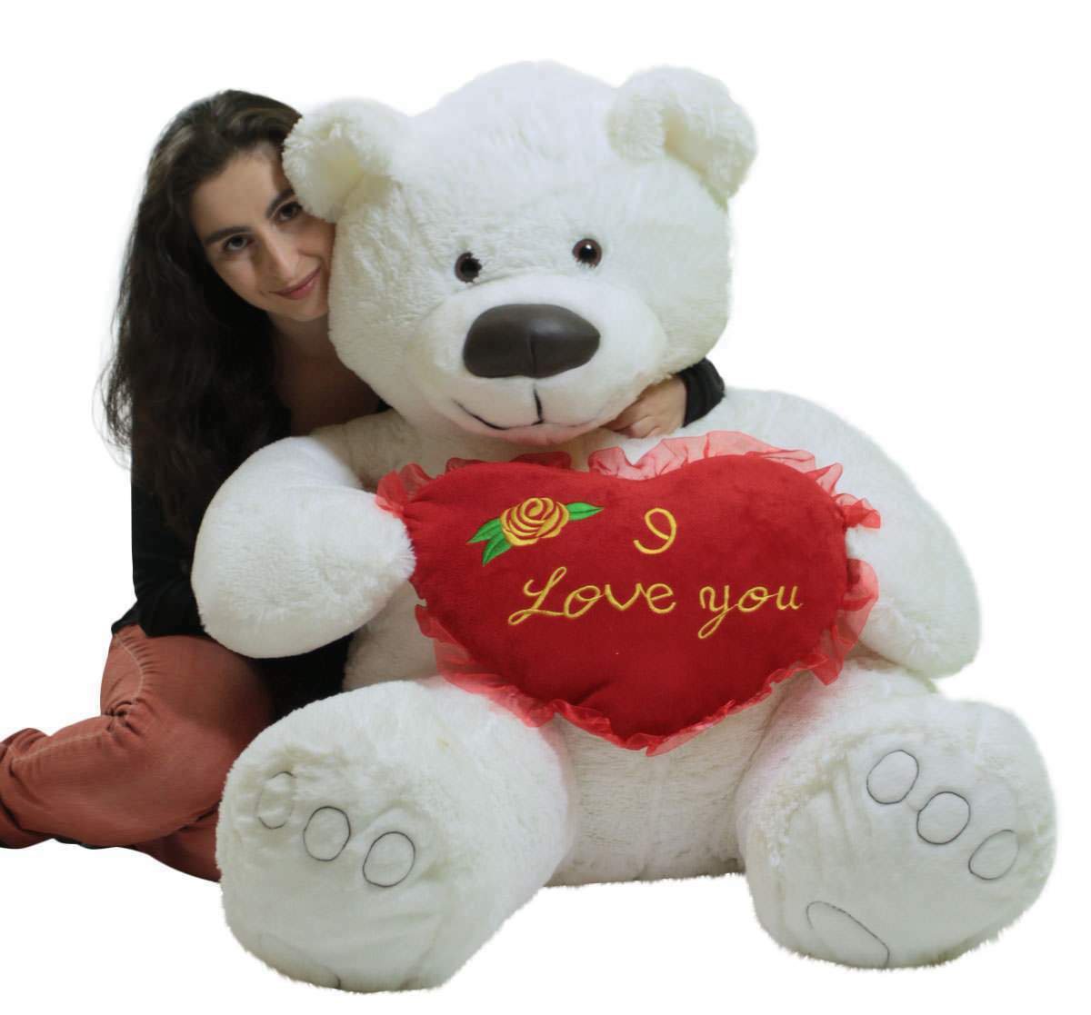 American Made Giant White 5 Foot Teddy Bear, Soft Big Plush I Love You Heart