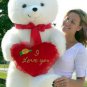 American Made Giant White Teddy Bear & I Love You Heart Pillow 42 Inches Soft