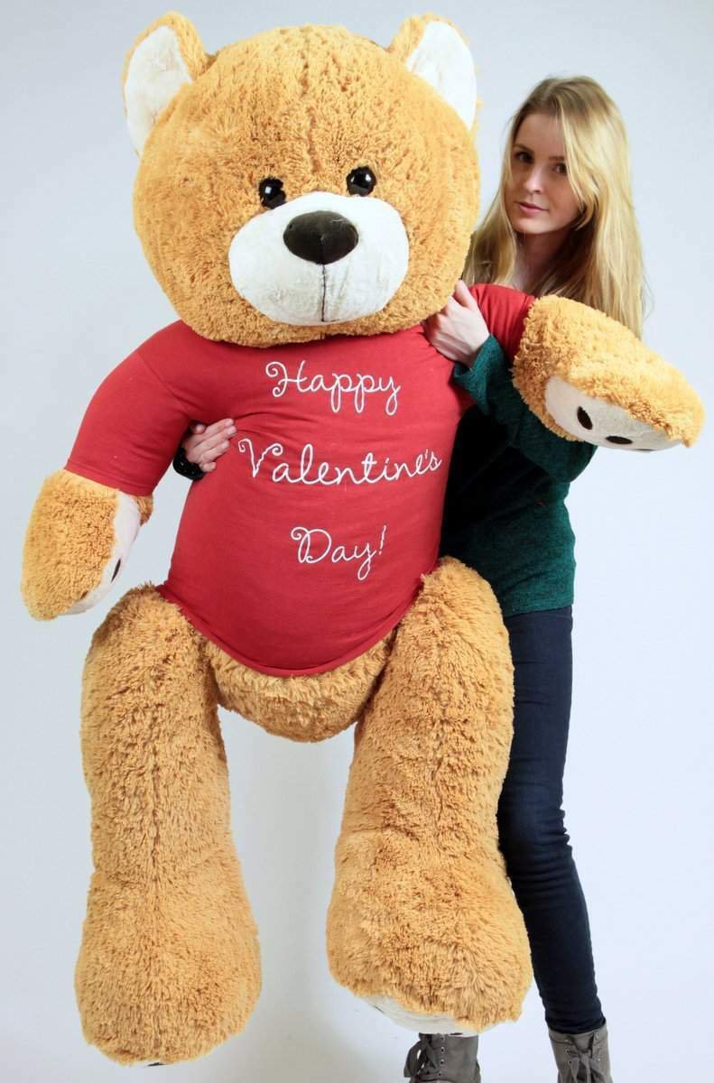 Big Plush Giant 5 Foot Teddy Bear Wears T-shirt that says HAPPY VALENTINES DAY