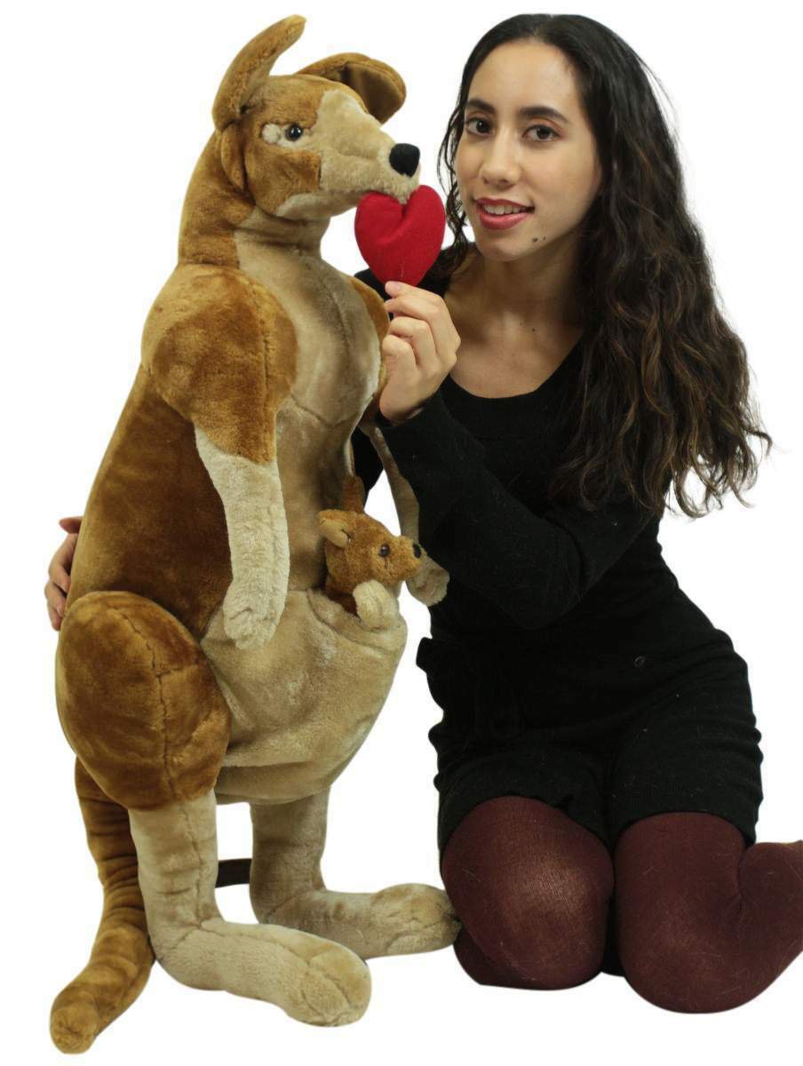 Big Plush Stuffed Valentine Kangaroo With Baby, Has Heart Pillow in Mouth,
