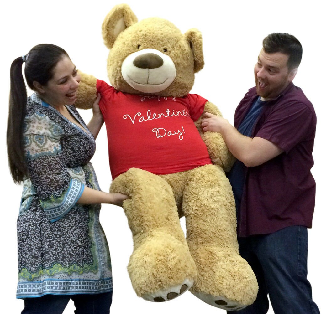 Giant 5 Foot Teddy Bear Soft Tan Lifesized, Wears T-Shirt HAPPY VALENTINES DAY