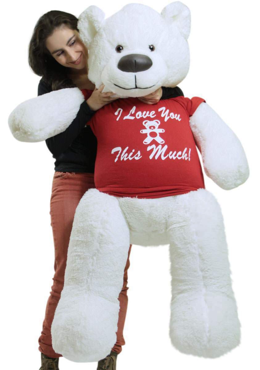 Giant White Teddy Bear Soft 55 Inch, Wears Removable Tshirt I LOVE YOU THIS MUCH