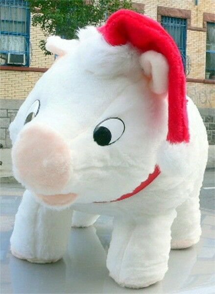 American Made Big Stuffed Pig 27 Inch Soft White Wears Santa Hat Made in the USA