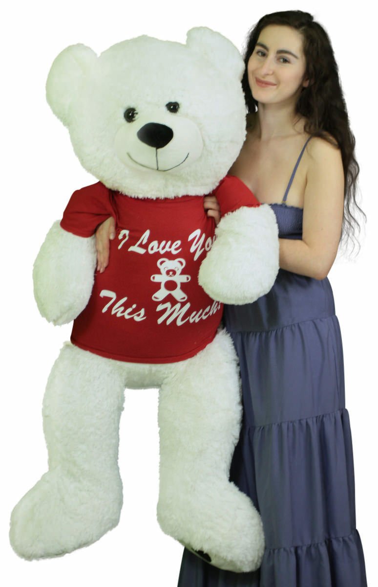 Giant Teddy Bear 52 Inch White Soft, Wears Removable Tshirt I Love You This Much