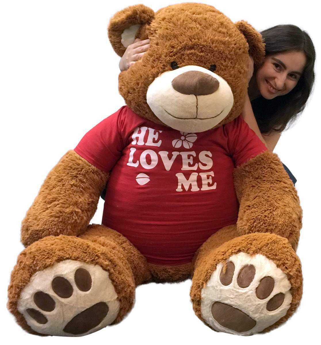 5 Ft Giant Teddy Bear 60 Inch Soft Cinnamon Brown Color Wears HE LOVES ME Tshirt