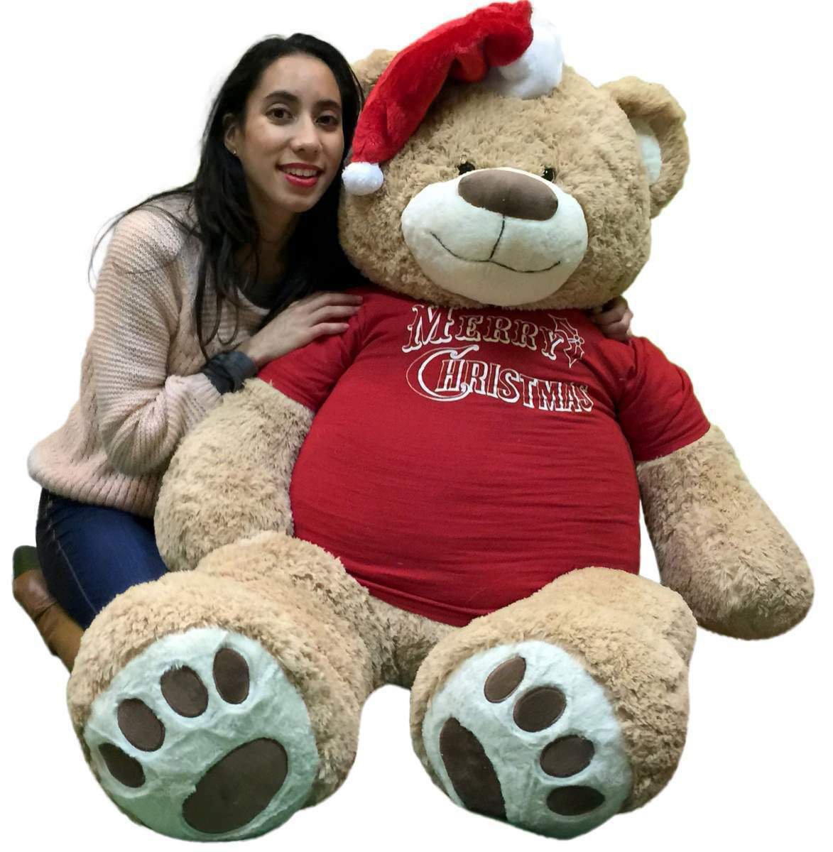 5 Foot Giant Xmas Teddy Bear Soft 60 Inch, Wears Merry Christmas Shirt Santa Hat