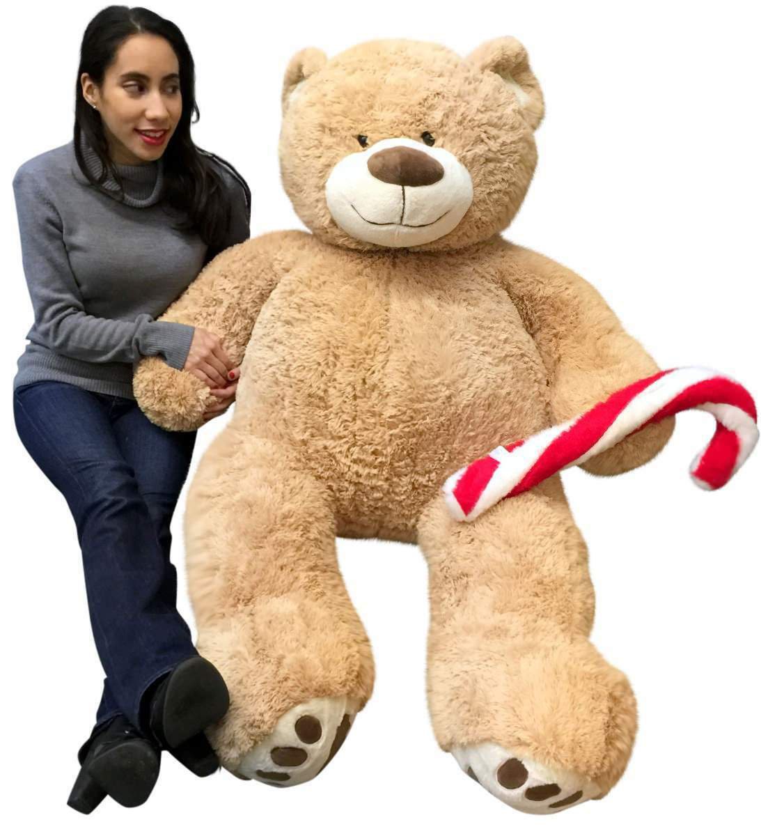 Christmas Big Plush Giant Teddy Bear 5 Foot Tan Soft Holding Plush Candy Cane
