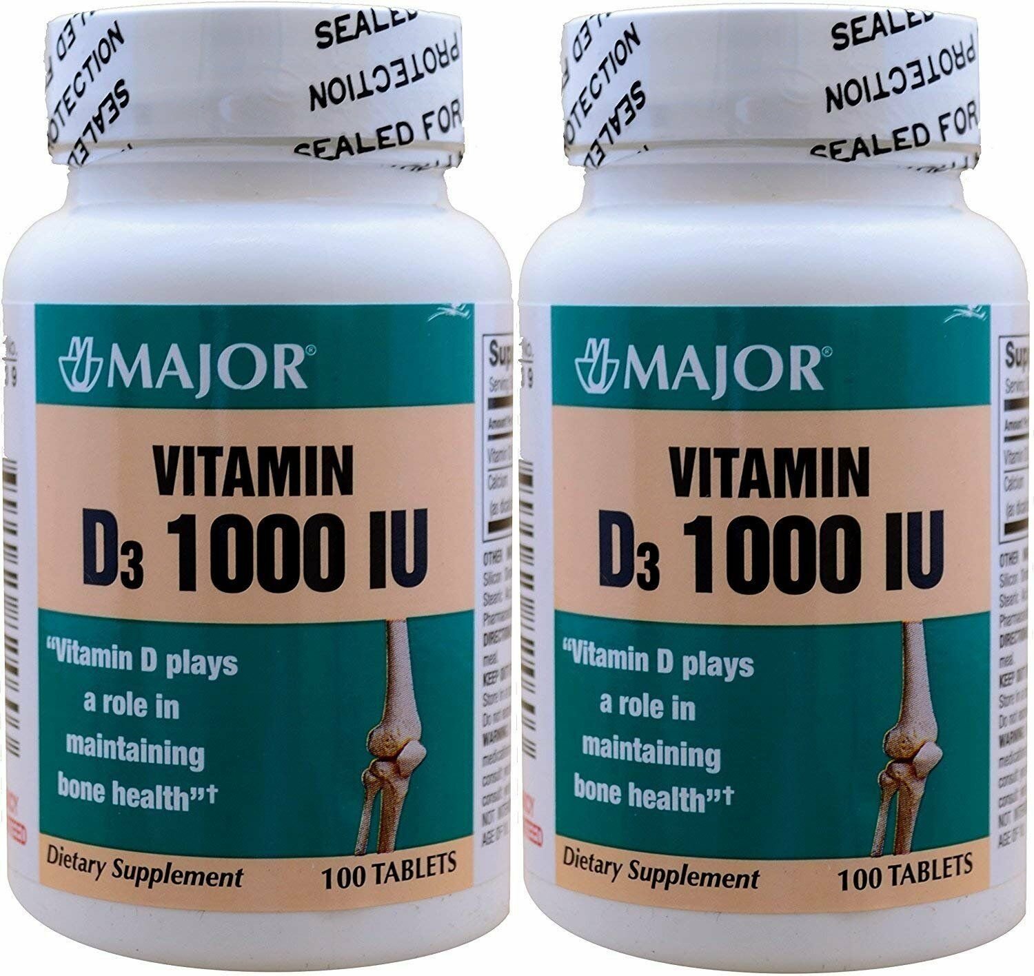 MAJOR Vitamin D Tablets, 1000u, 100ct (2 Pack) Bulk