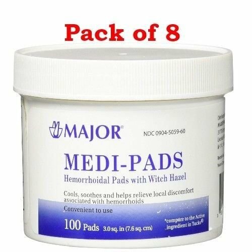 Major Medi-Pads Hemorrhoidal Pads With Witch Hazel 100 Pads (Bulk Pack of 8)