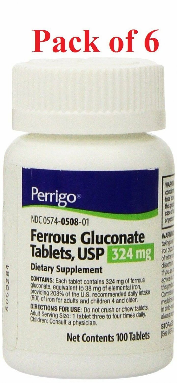 Perrigo Ferrous Gluconate 324mg Dietary Supplement 100 Tablets Each (Bulk Pack of 6)