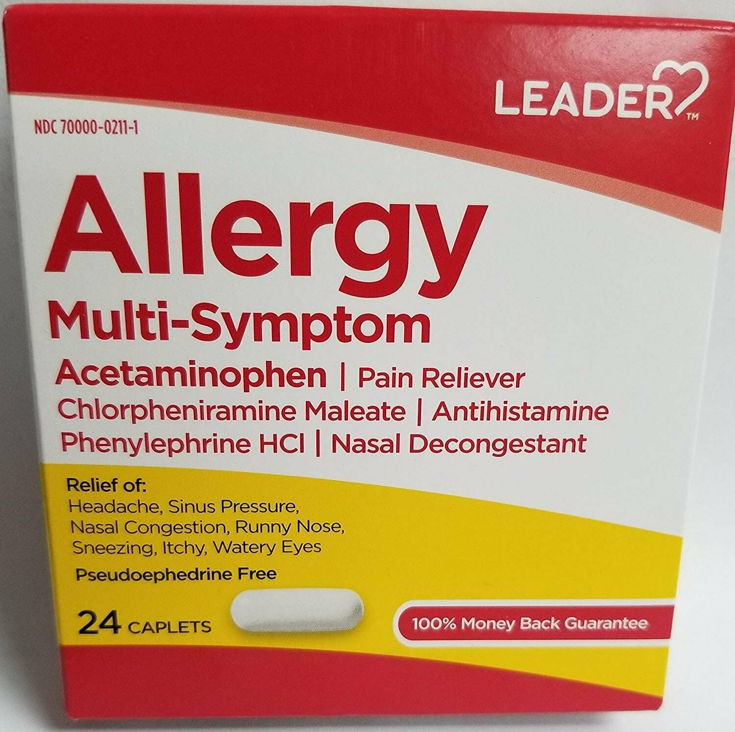 Leader Allergy Multi-Symptom Acetaminophen Pain Reliever 24 Caplets, Bulk Pack of 10