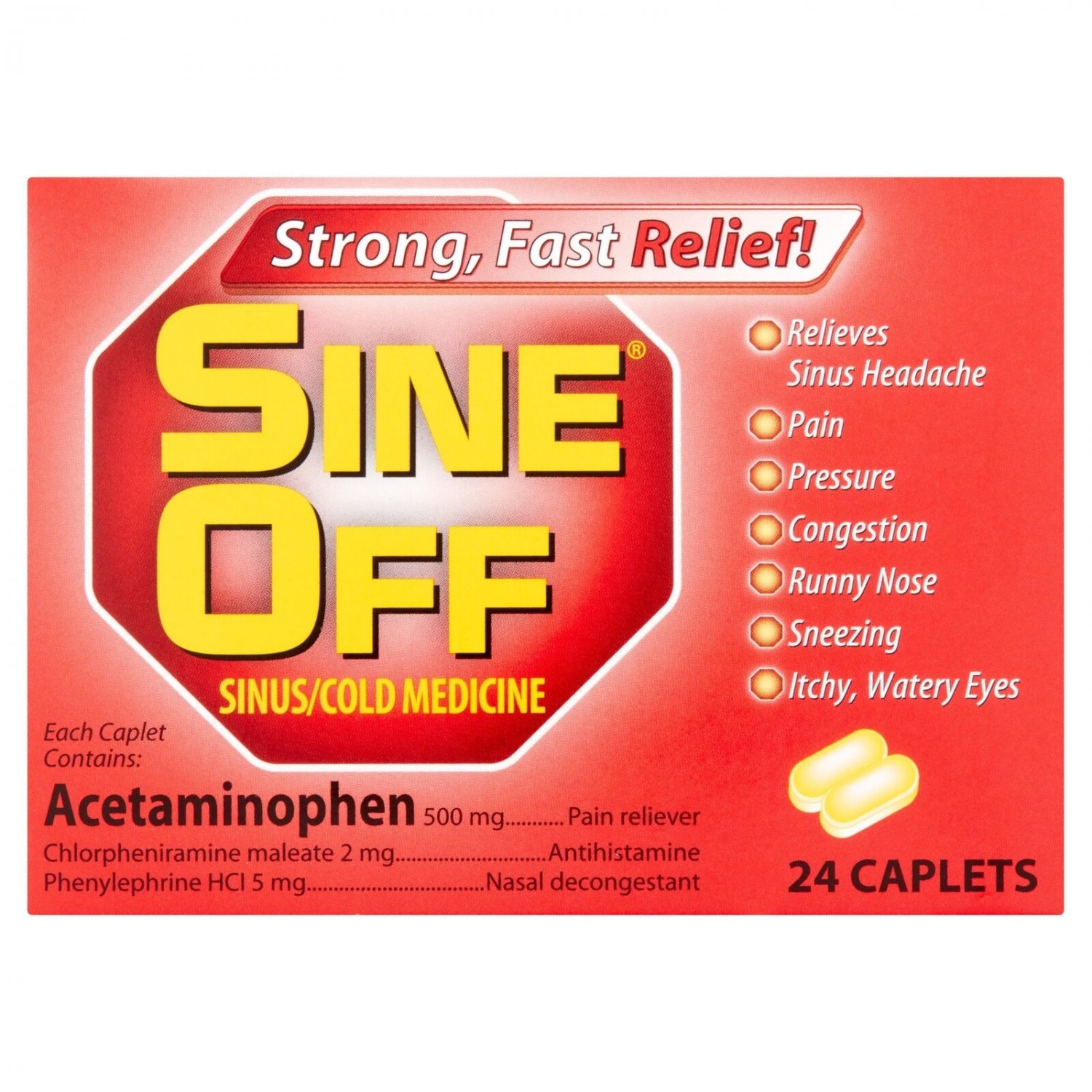 Sine Off Sinus/Cold Medicine Strong Fast Relief 24 Caplets (Pack of 2)