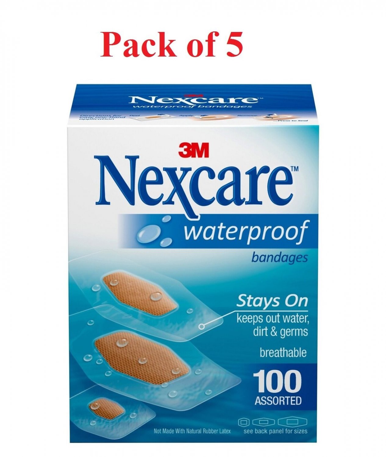 Nexcare Waterproof Clear Bandages Assorted Sizes Breathable 100 Ct (Bulk Pack of 5)