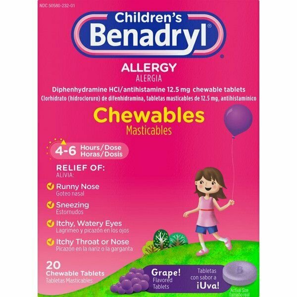 Benadryl Children&acirc;��s Allergy Relief Grape Flavor Chewables Tablets 20ct, 6 Pack