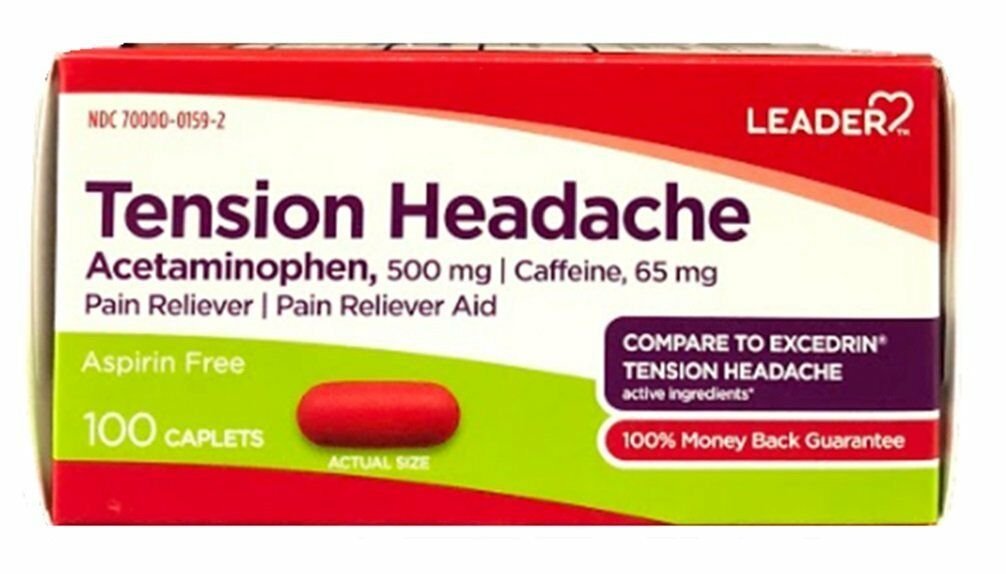 Leader Tension Headache Acetaminophen Pain Reliever 100 Caplets, Bulk