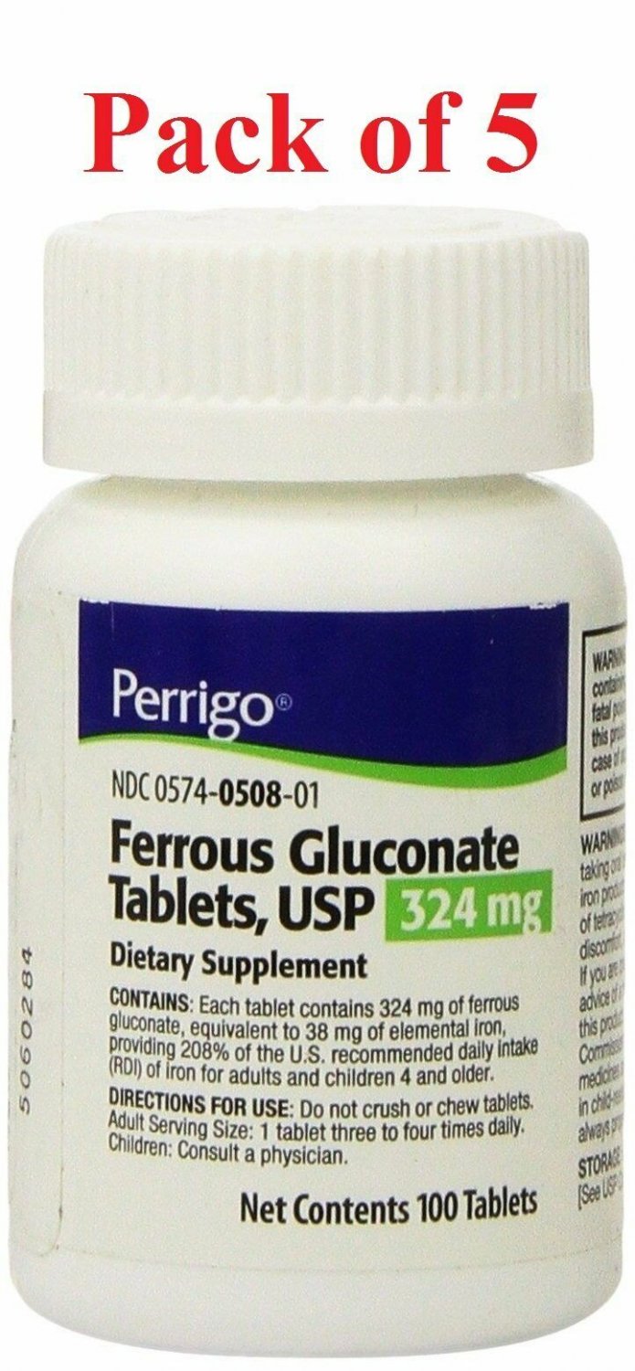 Perrigo Ferrous Gluconate 324mg Dietary Supplement 100 Tablets Each (Bulk Pack of 5)