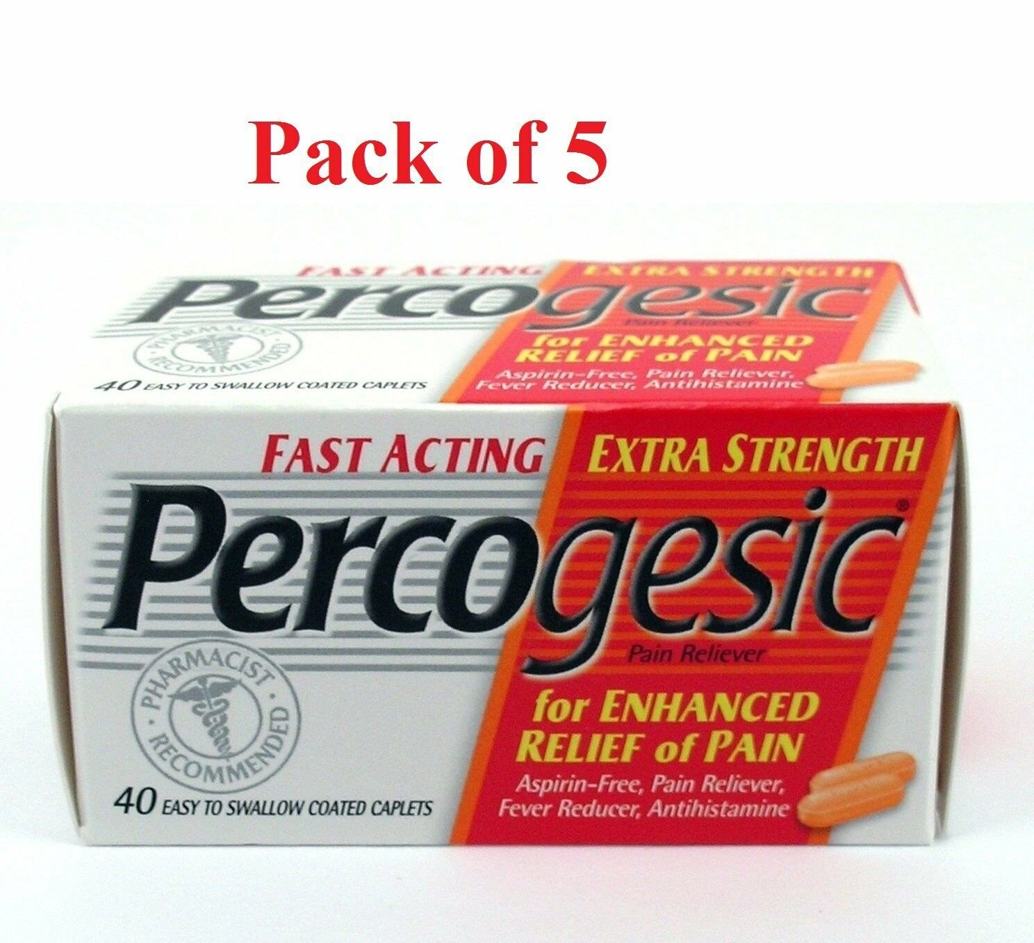 Percogesic Fast Acting Extra Strength Pain Relief 40 Coated Caplets (Bulk Pack of 5)