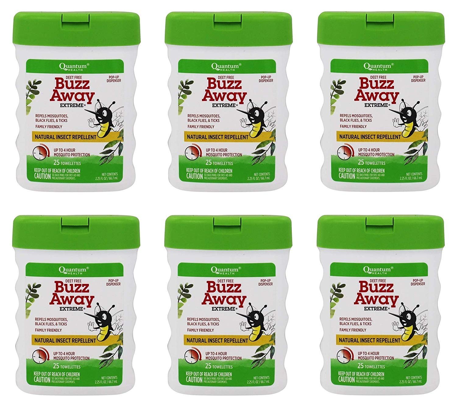 Quantum Buzz Away Extreme Natural Insect Repellent Towelettes 25 ea (Bulk Pack of 6)