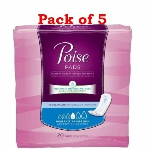 Poise Pads Bladder Leakage Protection, Moderate, Regular, 20 ct (Bulk Pack of 5)