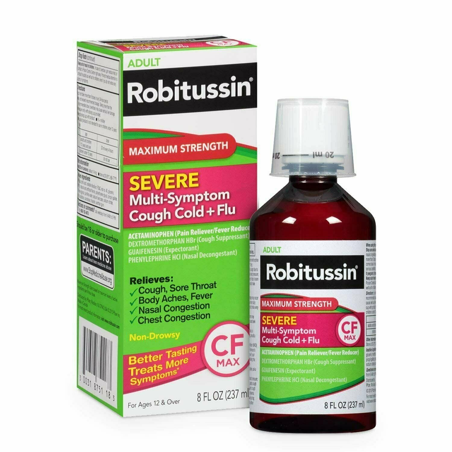 Robitussin Severe CF Maximum Strength Multi-Symptom Cough Cold+Flu, 8 Oz, 2 Pack