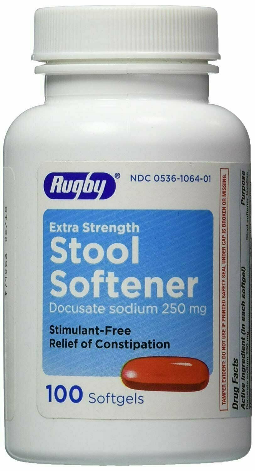 Rugby Extra Stength Stool Softener Docusate Sodium 250mg Soft Gels, 100, 3 Pack