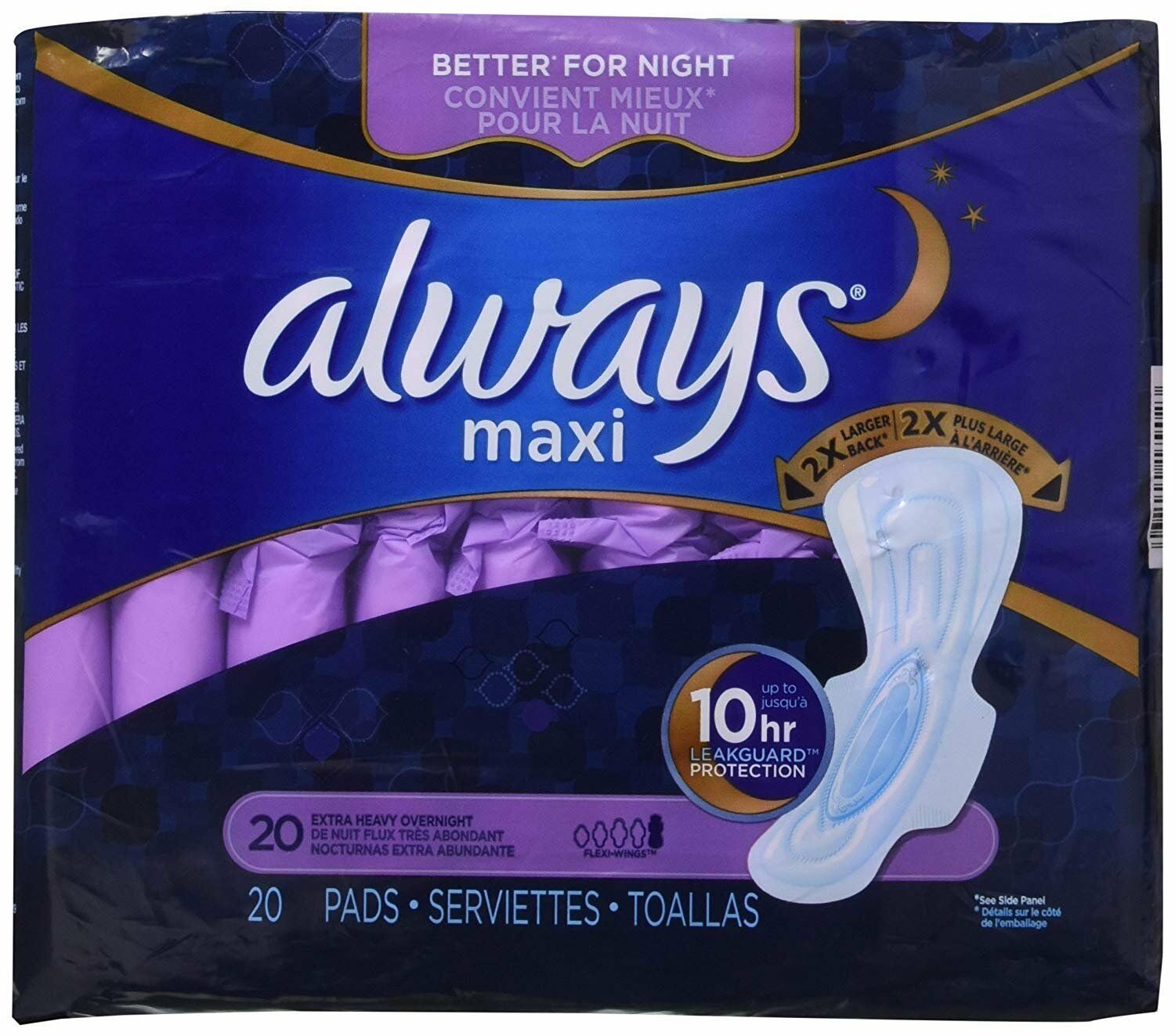 Always Extra Heavy Overnight Maxi Pads with Flexi-Wings - 20 Count (2 Pack) Bulk