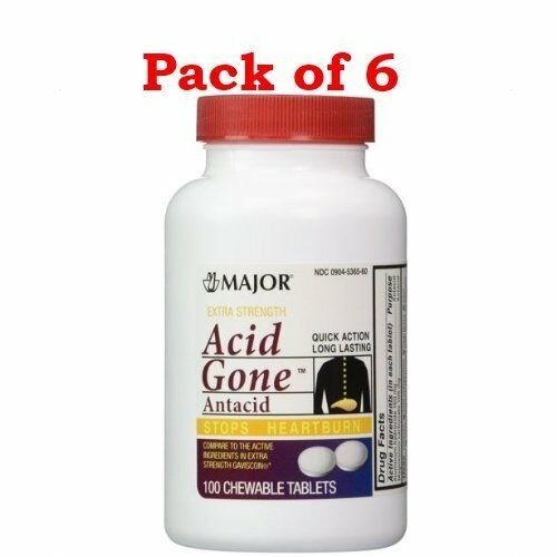 Major Acid Gone Antacid Chewable, Extra Strength Tablets, 100/Bottle (Pack 6)