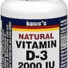 Basic Vitamins Natural Vitamin D-3 2000 IU - 200 Film-Coated Tablets, Bulk Pack of 3