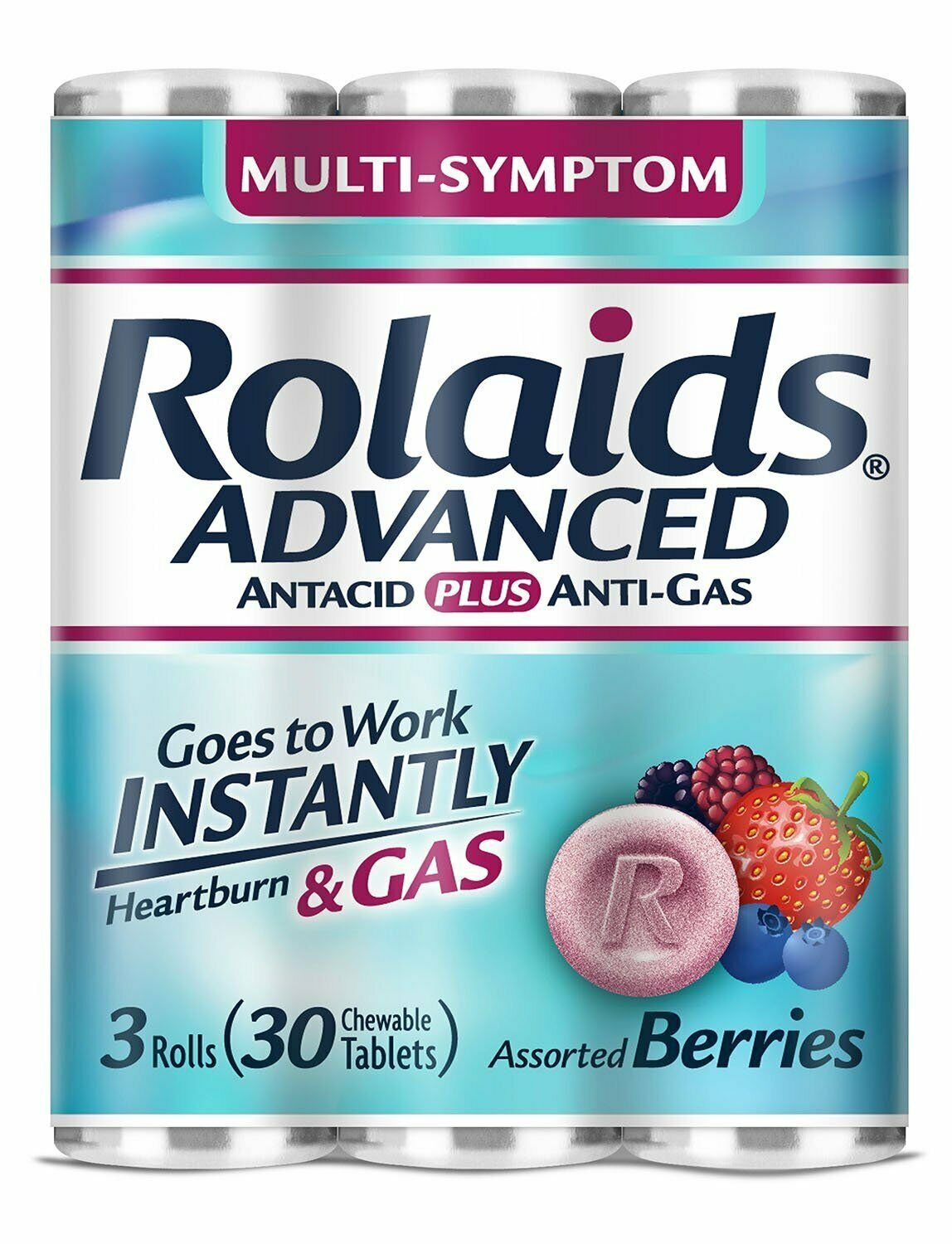 Rolaids Advanced Strength Antacid Plus Anti Gas Tablets Rolls, 3 Rolls