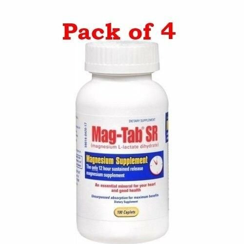 Mag-Tab SR Magnesium L-lactate Dihydrate Supplement 84mg 100 Caplets (Bulk Pack of 4)