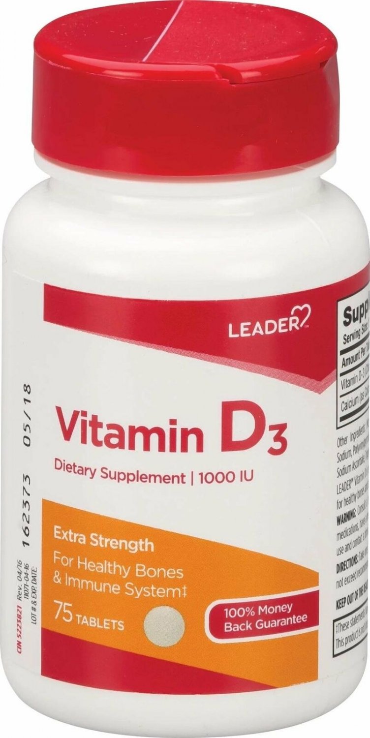 Leader Vitamin D3 2000 IU Tablets Healthy Bones Maximum Strength, 75ct, 5 Pack