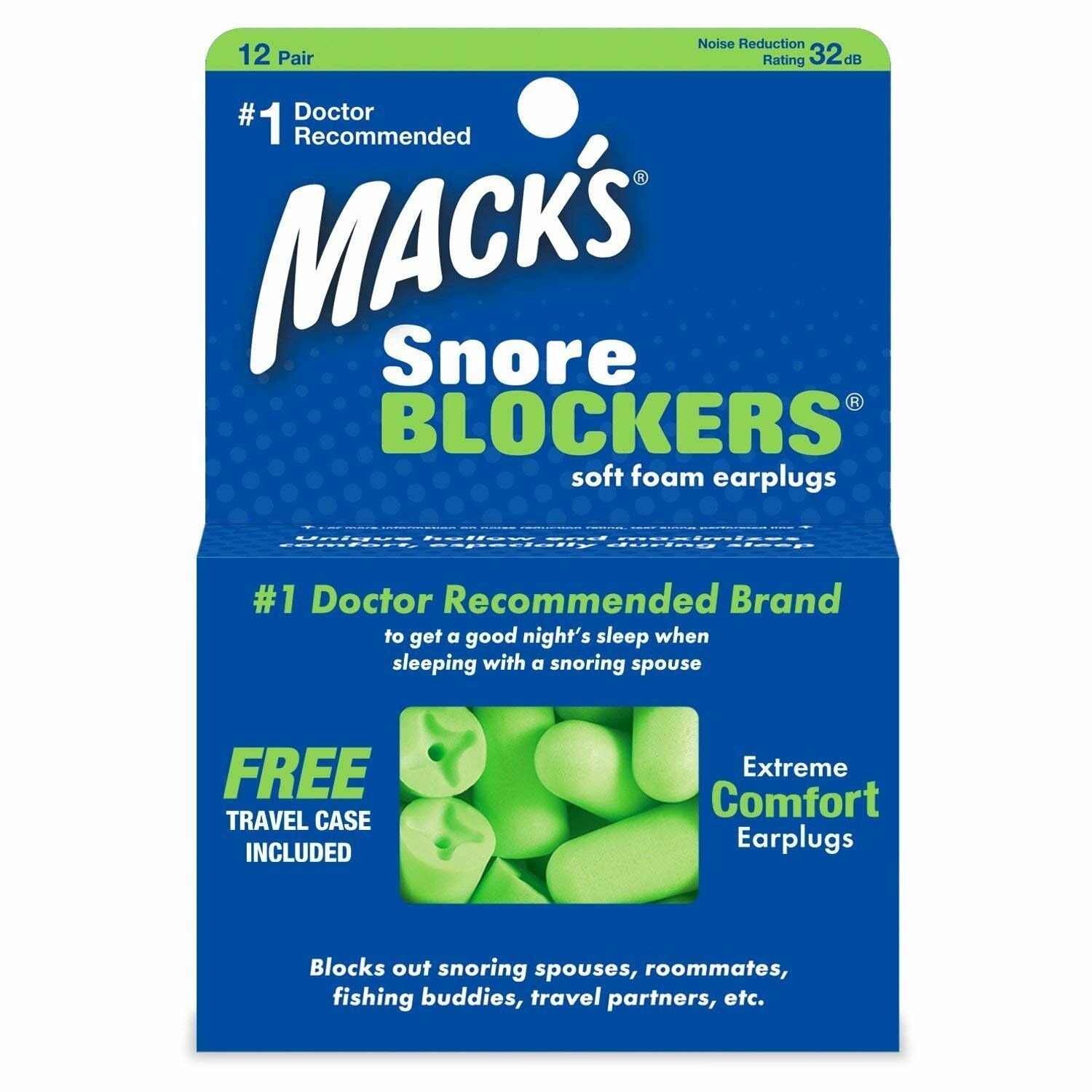 Mack's Snore Blockers Soft Foam Earplugs 12 Pairs (Bulk Pack of 12)