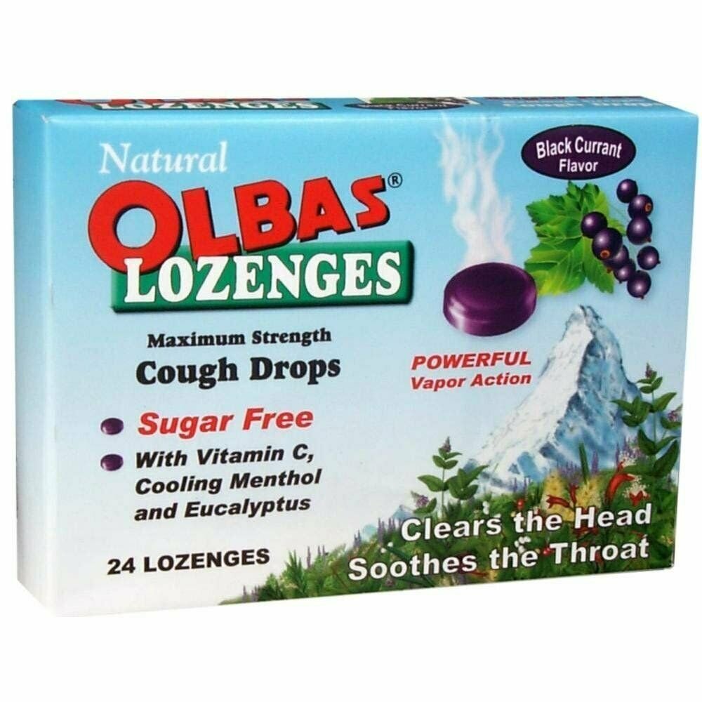 Olbas Lozenges Cough Drops Sugar Free Soothes throat Black Currant, 24ct, 4 Pack