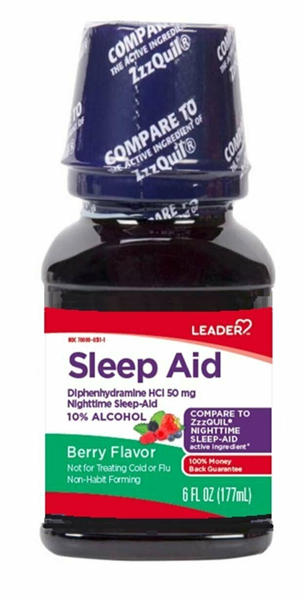 Leader Nighttime Sleep Aid Berry Flavor 6 Ounce *Compare to ZzzQuil*, 6 Pack