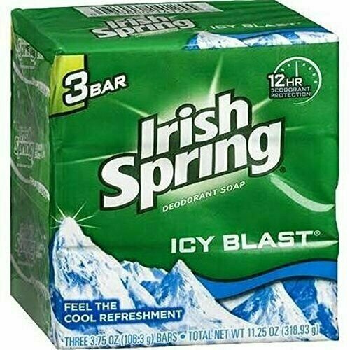 Irish Spring Deodorant Soap Icy Blast 12 HR Bath Bar 3 Count, 3.75Oz, Bulk Pack of 18