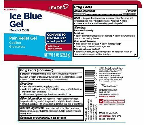 Leader Ice Blue Gel Menthol 2% Cooling Greaseless Pain Relief 8 oz (Bulk Pack of 6)