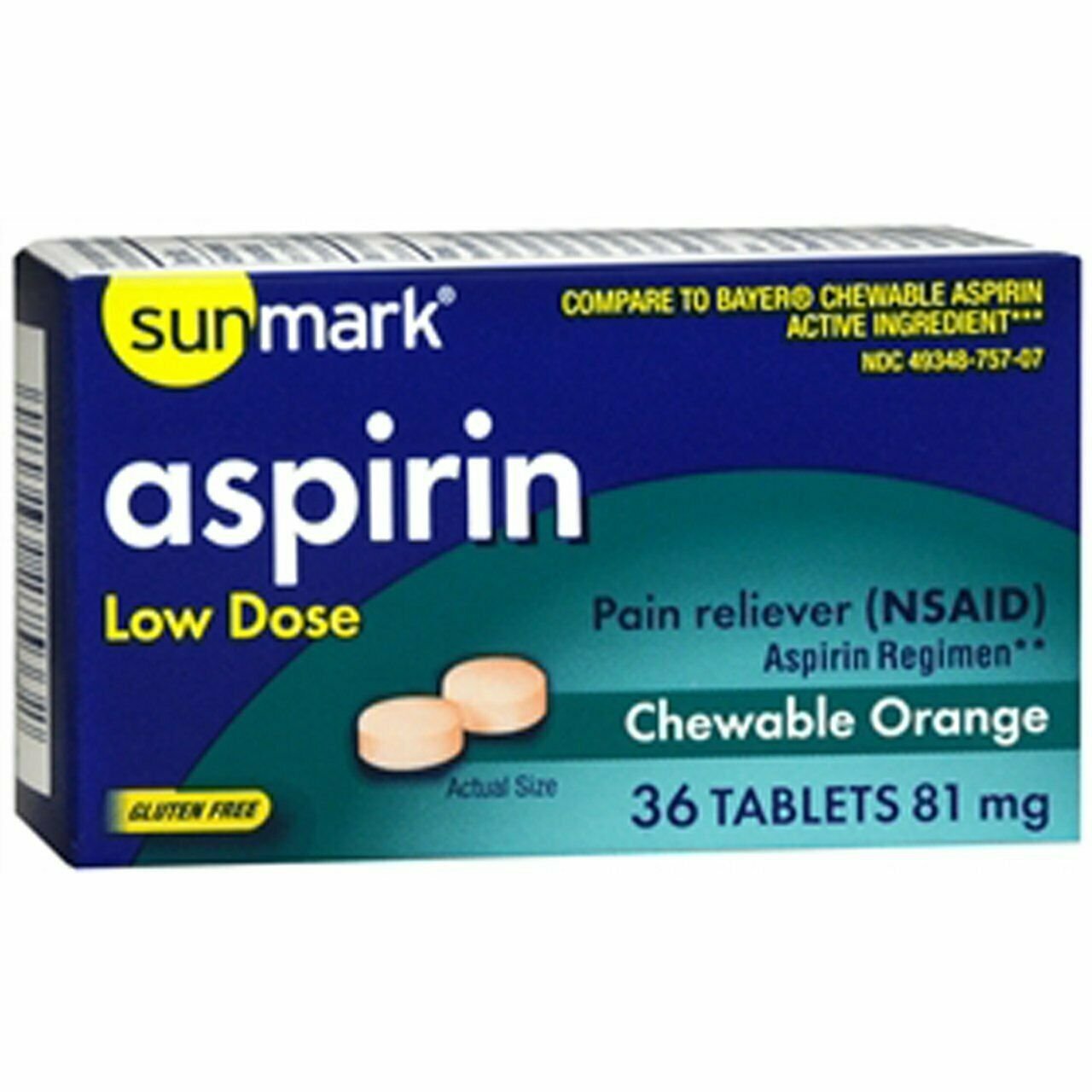 Aspirin Pain Reliever Chewable Orange Flavor Tablets 81 mg 36 Count, 12