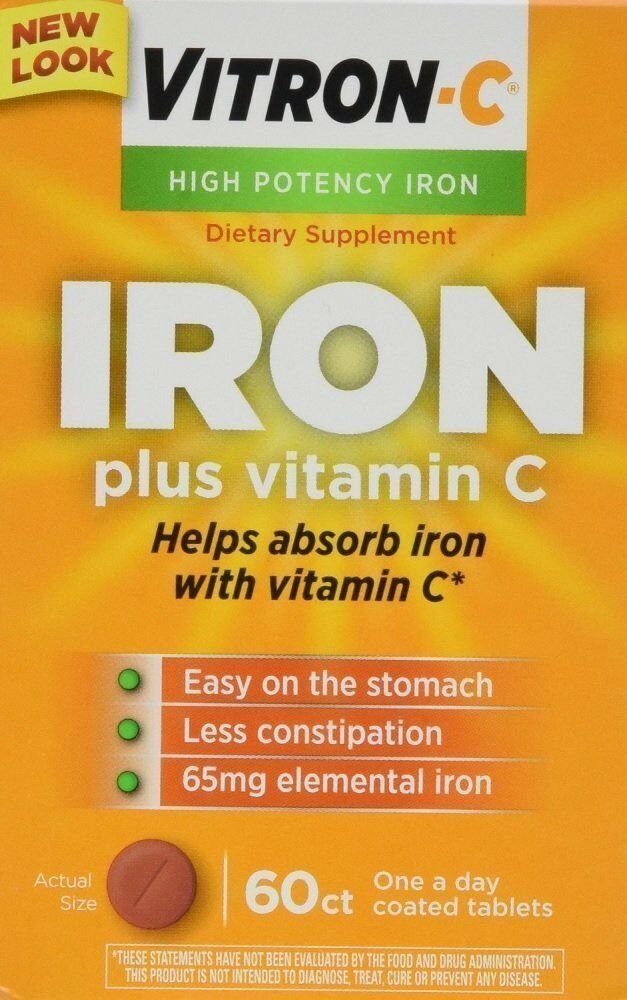 Vitron-C Iron Supplement Plus Vitamin C Coated Tablets 60 ct (4 Pack) Bulk