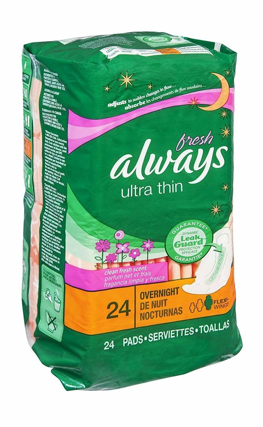 Always Fresh Ultra Thin Flex-Wings Overnight Pads 24 CT (Bulk Pack of 6)