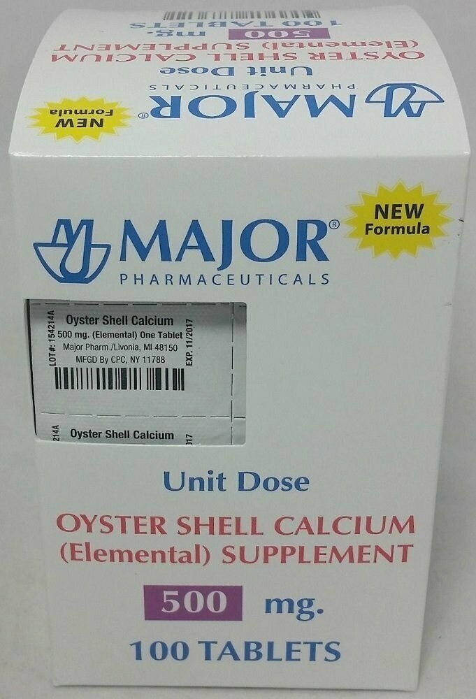 Major Oyster Shell Calcium, Tablet, 500mg, 10x10ct (5 Pack) Bulk