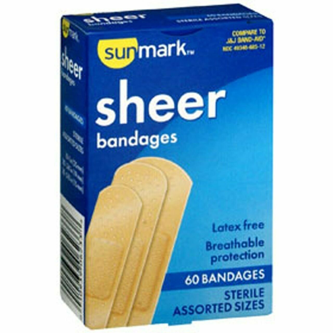 Sheer Bandages Breathable Protection Assorted Sizes Sunmark Brand 60Ct, 12 Pack