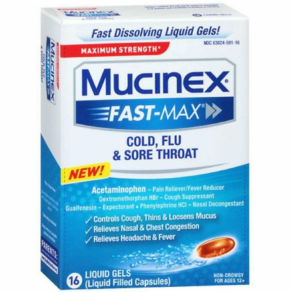 Mucinex Fast-Max Max Strength, Cold, Flu, & Sore Throat Liquid Gels 16 ea (...
